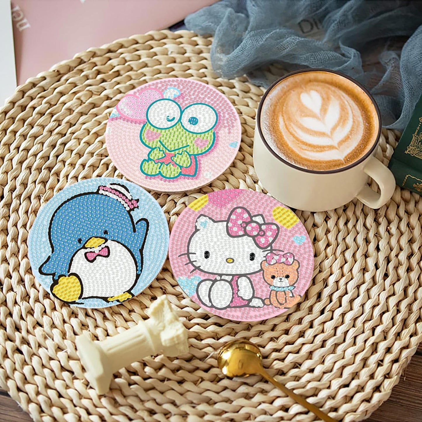 8Pcs Diamond Art Painting Coasters with Holder,DIY Cartoon Life Coaster Diamond Art Kits for Adults Kids,Beginners Round Full Drill Diamonds Art Craft Supplies