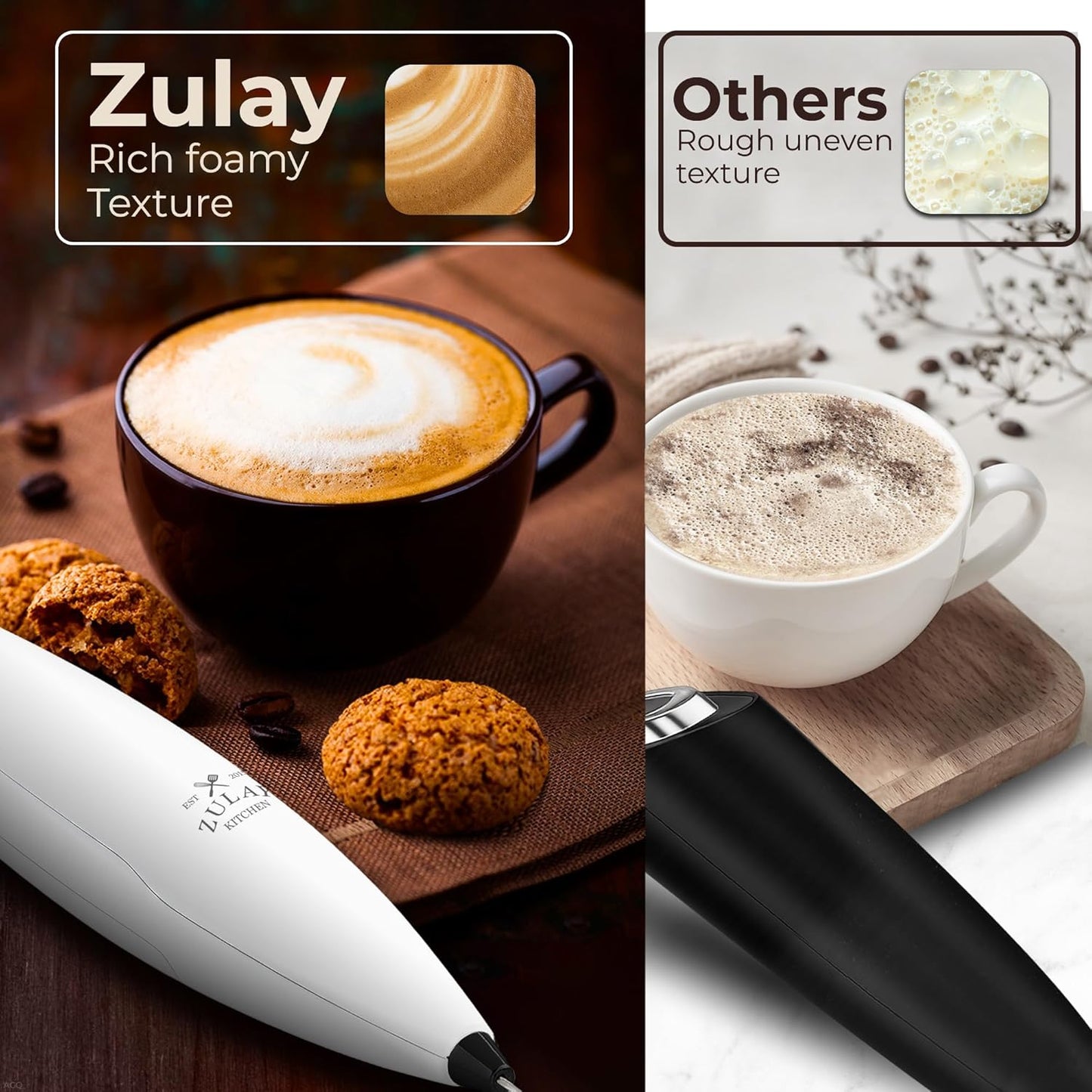 Zulay Kitchen Tornado Triple Whisk Milk Frother - Handheld Foam Maker for Coffee & Lattes | Includes 4 Duracell Batteries - White & Black