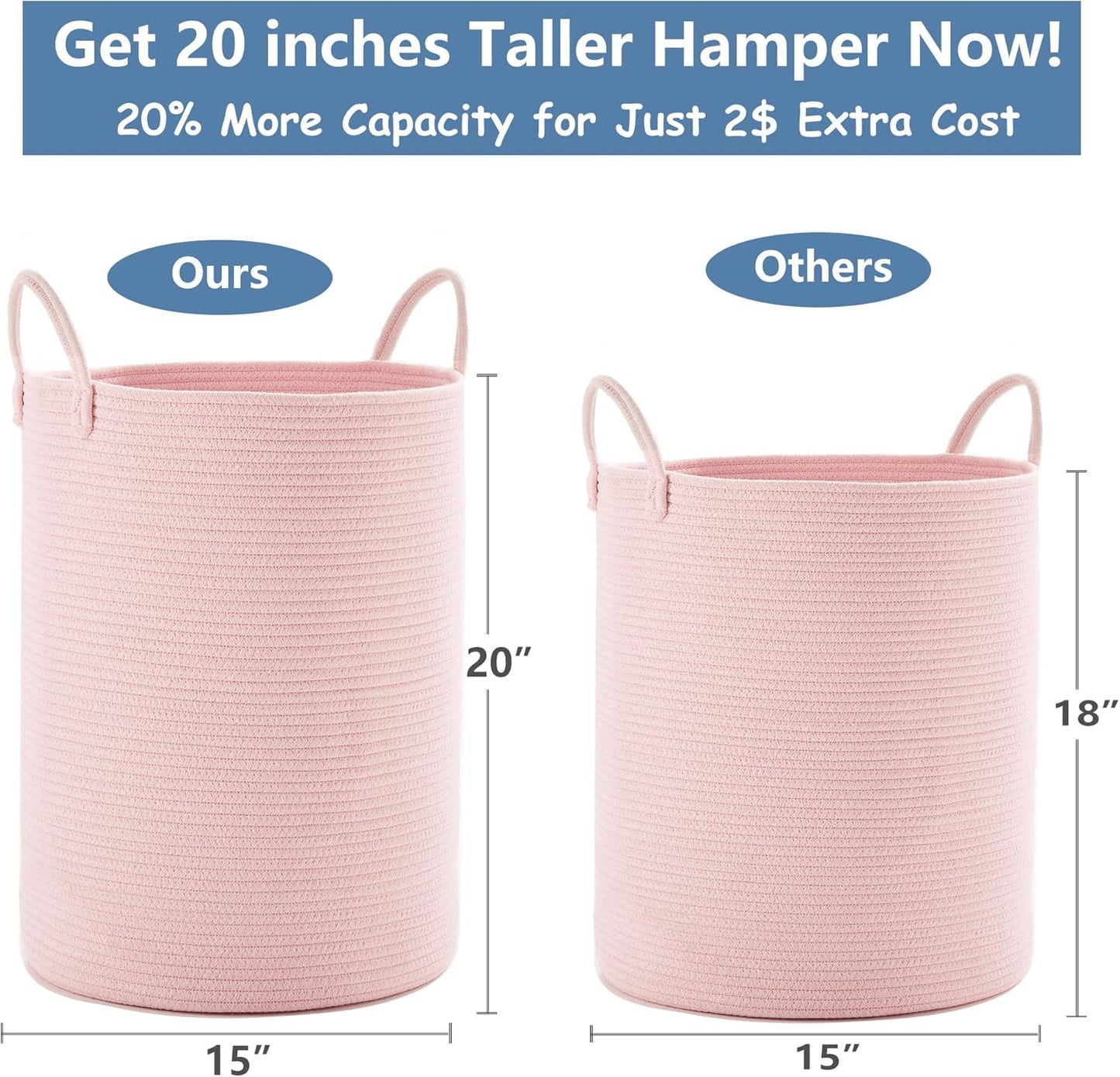15x20 Inches, 60L Large Pink Laundry Basket Woven Rope Hamper for Baby Girls and Kids, Tall Nursery Storage Bin, Kawaii