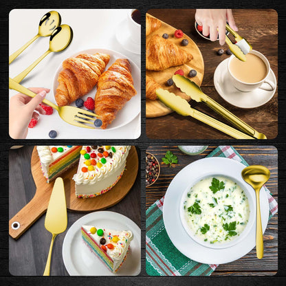 Gisly Gold 12 Pieces Serving Utensils Include Large Serving Spoons,Slotted Serving Spoons,Serving Forks,Serving Tongs,Appetizers Tongs,Soup Ladle and Pie Cake Server for Buffet Catering