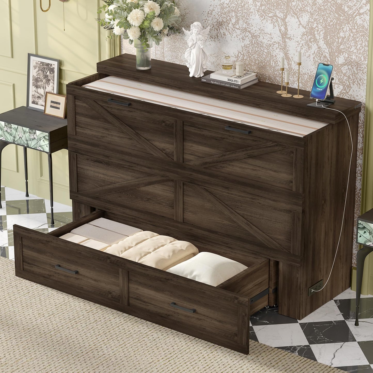 Ball & Cast Murphy Bed Queen,Farmhouse Hideaway Cabinet Bed with Charging Station and Large Storage Drawer,Foldable Wall Murphy Beds w/Slat Support,Space-Saving Furniture for Study,Office,Rustic Gray