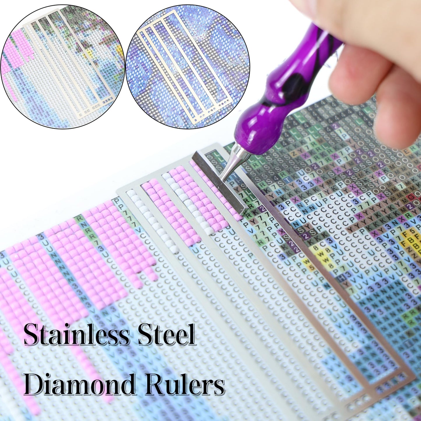 Diamond Art Ruler Stainless Steel 5D Diamond Painting Ruler, Diamonds Alignment Guide Tool for Full or Partial Square and Round Diamonds, Diamond-Paint Fix Tool, Mesh Ruler, Tweezer, 6 Styles