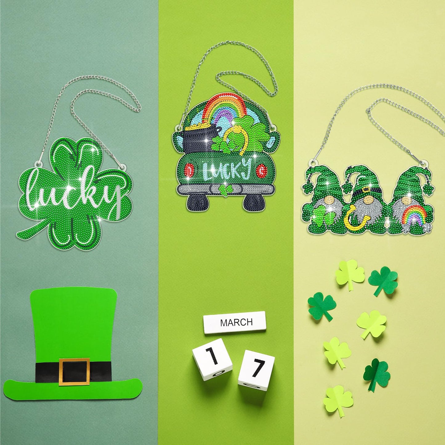 Burbell 3Pcs St. Patrick's Day Diamond Painting Kit Patrick's Green Lucky Shamrock Gnome Truck Diamond Art Kits Hanging Sign 5d DIY Irish Rhinestone Art Painting for Wall Windows Door
