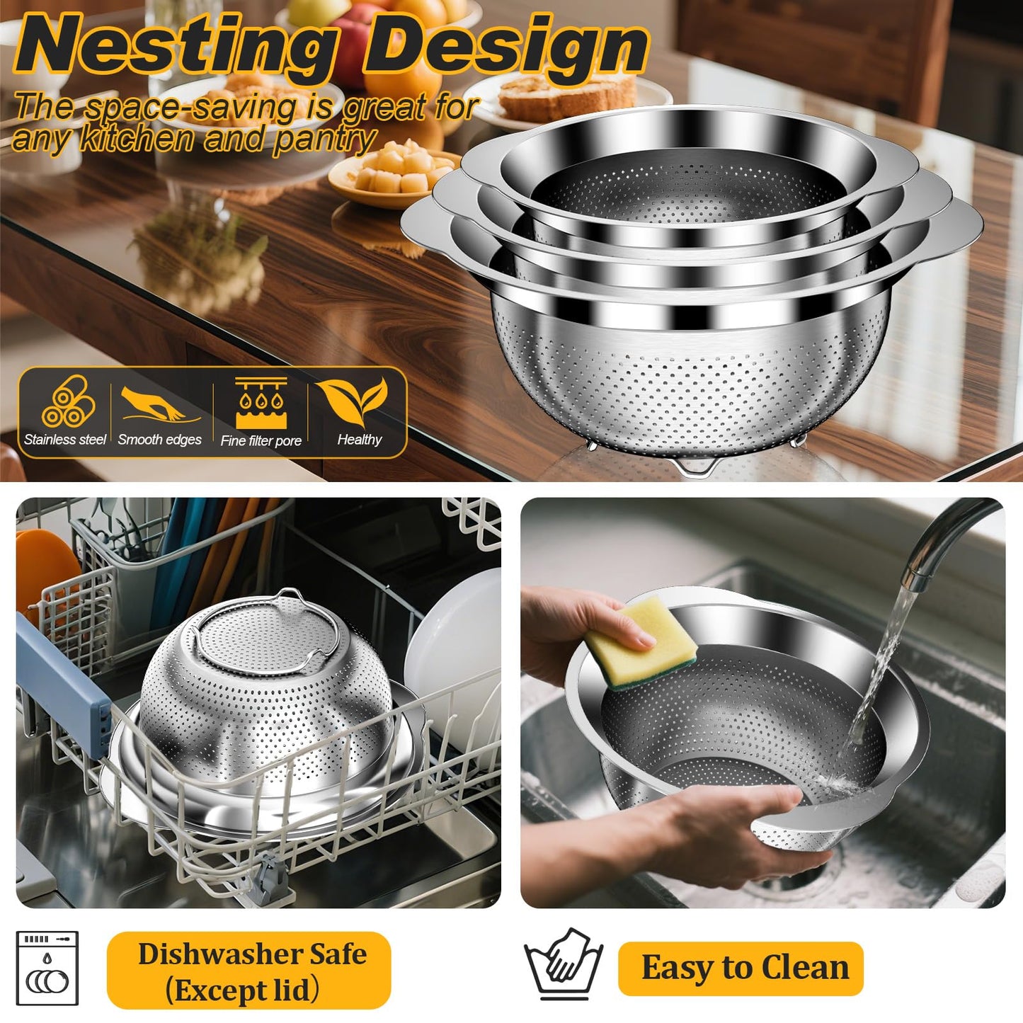Colander, Stainless Steel Colander for Kitchen, 3Pcs Kitchen Gadget Food Strainer Basket with Handle, Kitchen Strainer Colanders Bowl for Pasta Noodles Spaghetti Vegetables Fruit (2QT, 3QT, 5QT)