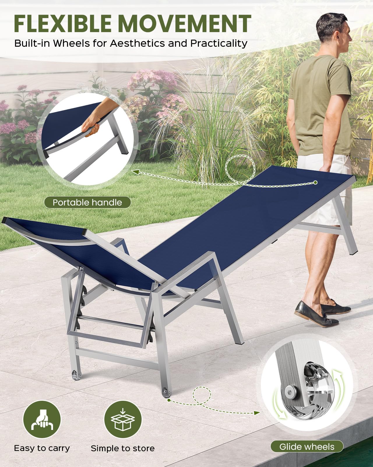 Patio Chaise Lounge Chair Outdoor Set of 2 with Wheels&Armrests, Aluminum Pool Lounge Chairs Five-Position Adjustable Recliner, Outdoor Beach Lounge Chairs for Poolside, Patio, Deck, Yard, Navy Blue