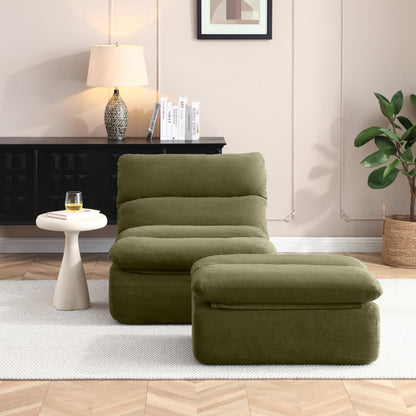 KEIKI 32" Bean Bag Chair with Ottoman, Upholstered Chaise Lounge Chair with High Density Foam, Tufted Lazy Sofa for Living Room, Bedroom (Green)