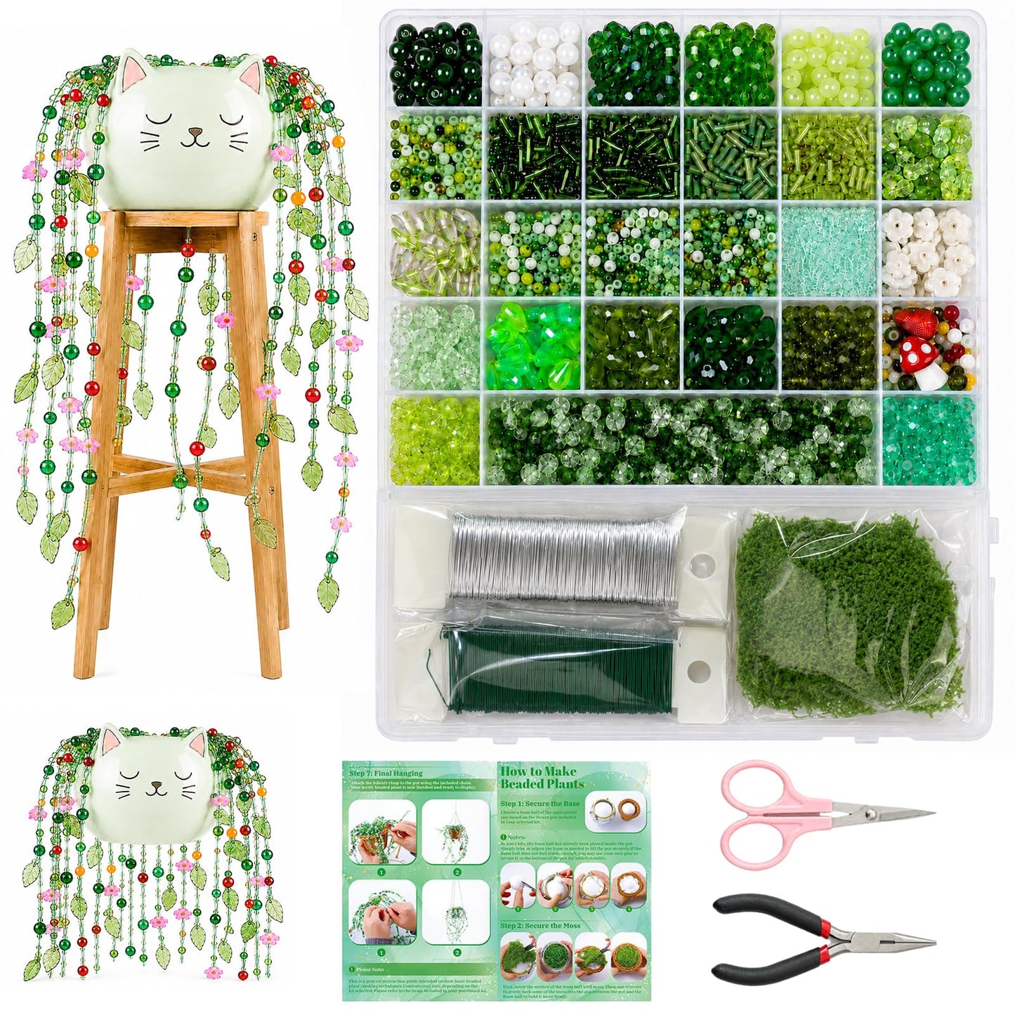 Scvotier Beaded Plant Kits with Wire and Beads, All-in-One Green Glass Beaded Plant DIY Craft Kit with Tools & Instructions - Create Your Own Hanging Green Decor, Relaxing Handmade Gift