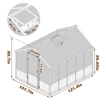 Yardenaler 8x10 FT Greenhouse Kit with 6MM Thick Polycarbonate Panel for Outdoor, Wooden Walk-in Green House with Adjustable Roof Vent and Lockable Door, Backyard, Garden, Light Mocha Brown