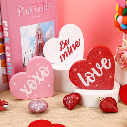 PETKNOWS Valentine's Day Wooden Heart Decor Set, Wooden Sign Set for Indoor Tabletop Decoration, Rustic Table Centerpiece for Home, Kitchen, Mantel Desk