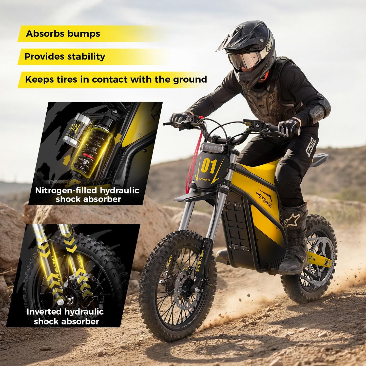 Heybike Villain Electric Dirt Bike with 4160W Motor, 52V 26AH E Dirt Bike, 14/12" Fat Tire Dirtbike with Hydraulic Brakes, Up to 45 MPH & 50 Miles Moped Style Ebike（Standard; Sunflower Yellow）