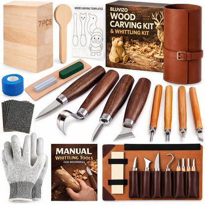 Wood Carving Kit Whittling Kit: Deluxe Wood Carving Tools Knife Set with Leather Case - Woodworking Hobby Kit for Beginners Adults Kids - DIY Art Craft Gift for Men Teens
