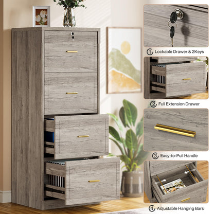 Tribesigns 4-Drawer File Cabinet with Lock, Locked File Cabinet with Key, Tall Wooden Filing Cabinets for Home Office, Vertical Office Storage for Legal Size/Letter/A4/Files, Grey