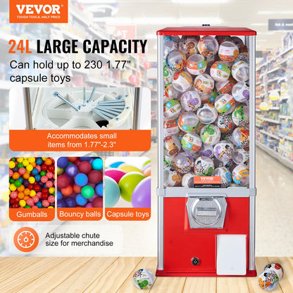 VEVOR Gumball Machine for Kids, 25" Height Home Vending Machine, PS Bouncy Balls Dispenser, Hold 230 Capsule Toys, Rectangle Bubble Gum Machine for Game Stores, Coin Operated Gumball Bank, Red