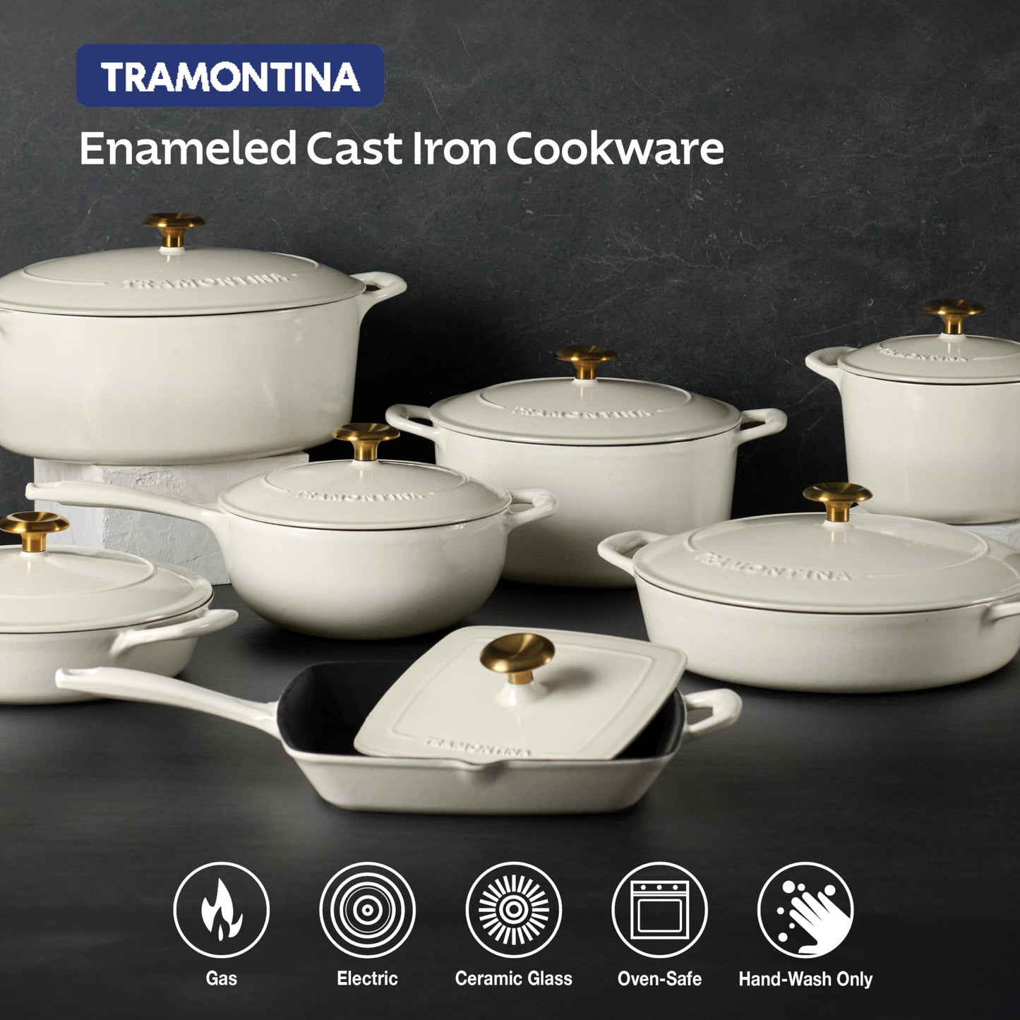 Tramontina Bestow Enameled Cast Iron Grill Pan with Press, 11-inch, Latte with Gold Knob