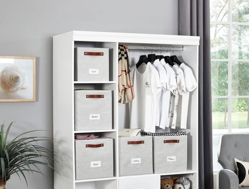 DECOMOMO Storage Baskets - 13x15x13 Cube Bins with Labels for Organized Shelves | Light Texture Grey (4pcs)