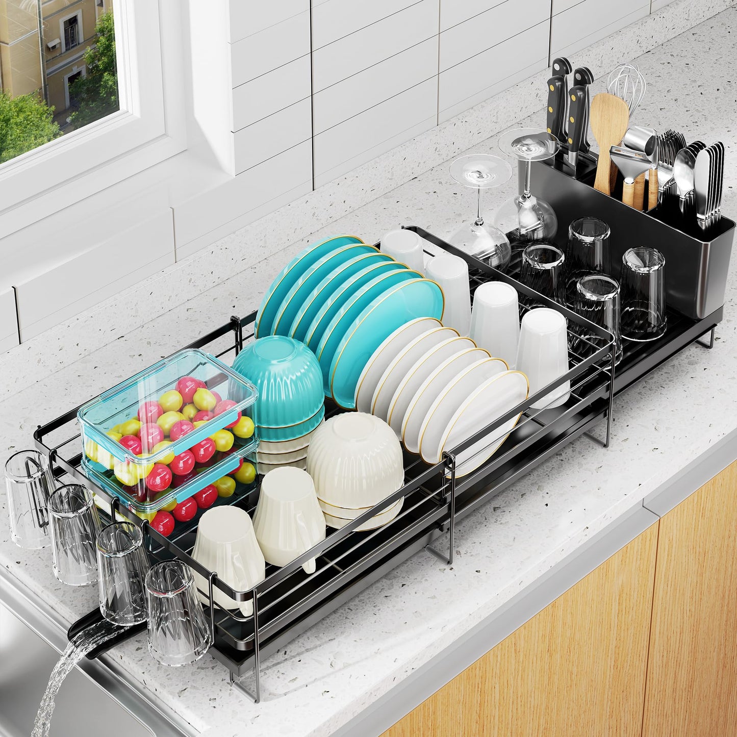 Pantasia Large Dish Drying Rack, Expandable Dish Rack for Kitchen Counter, Dish Drainer with Drainboard Set, Multifunctional Dishrack with Utensil & Cup Holder, 13.4"-28.7" L x 11.8" W x 7.8" H, Black