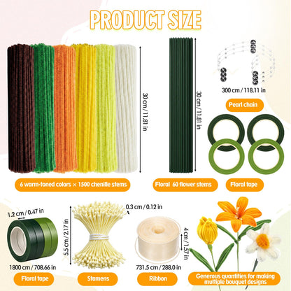 Rivvlive Pipe Cleaner Flower Kit, 1500 Pcs Pipe Cleaners Craft Chenille Stems Bulk with Floral Wires DIY Bouquets Gardening Tape Stamen Ribbon Beads for Art Craft Supplies Gift (Yellow Set)