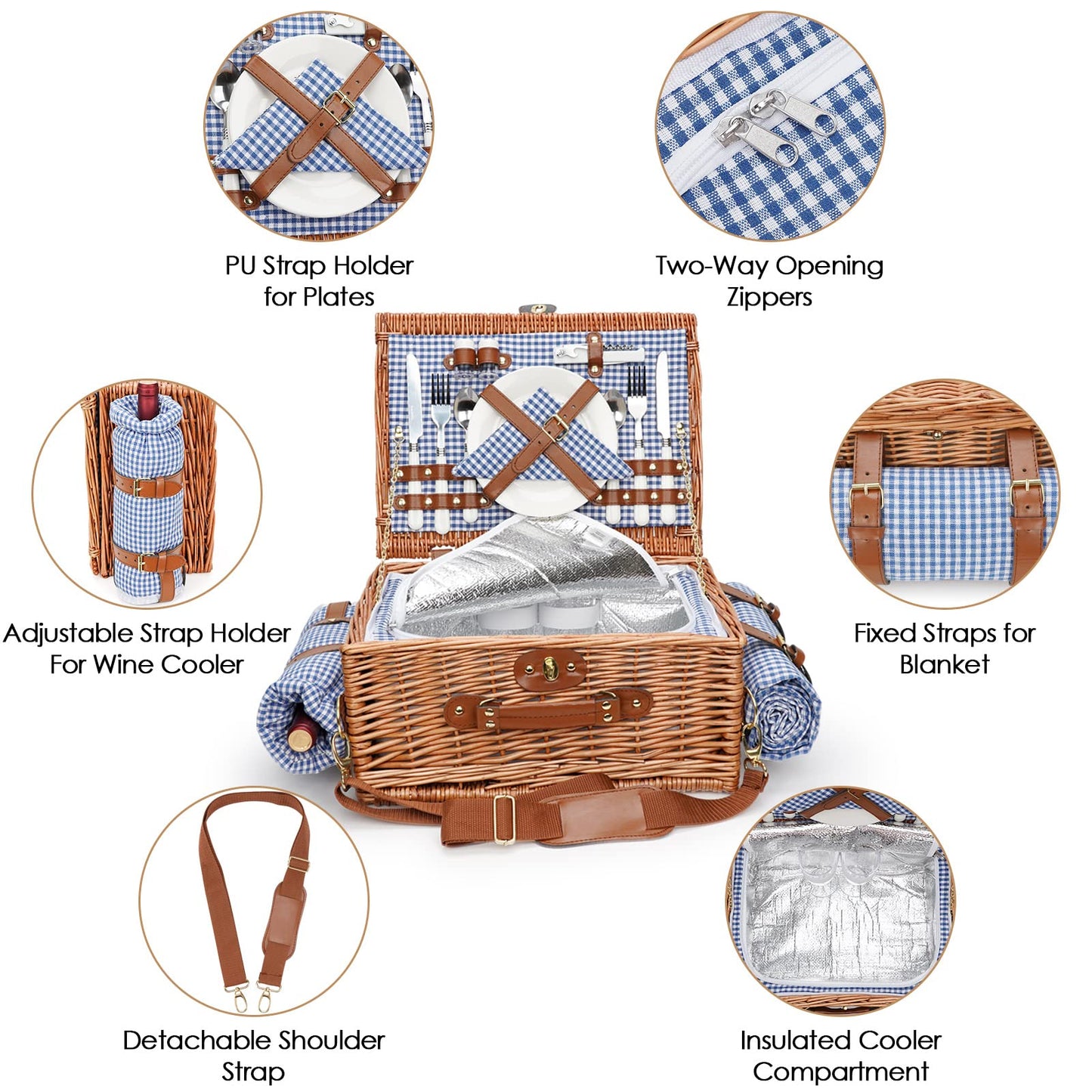 Picnic Baskets for 2, Picnic Basket with Waterproof Blanket, Picnic Basket Set with Washable Beach Mat & Large Insulated Cooler Compartment, Handmade Natural Wicker Hamper for Camping, Outdoor Party