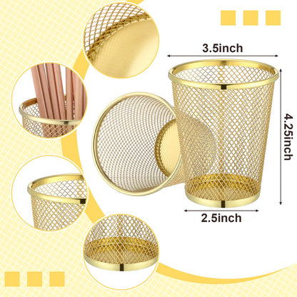 Poola Voidra 6 Pcs Gold Mesh Pen Holders Bulk Metal Pencil Makeup Brushes Cups Back to School Supplies Round Golden Organizer Golden for Desk Home Office Classroom Students Teachers Staff