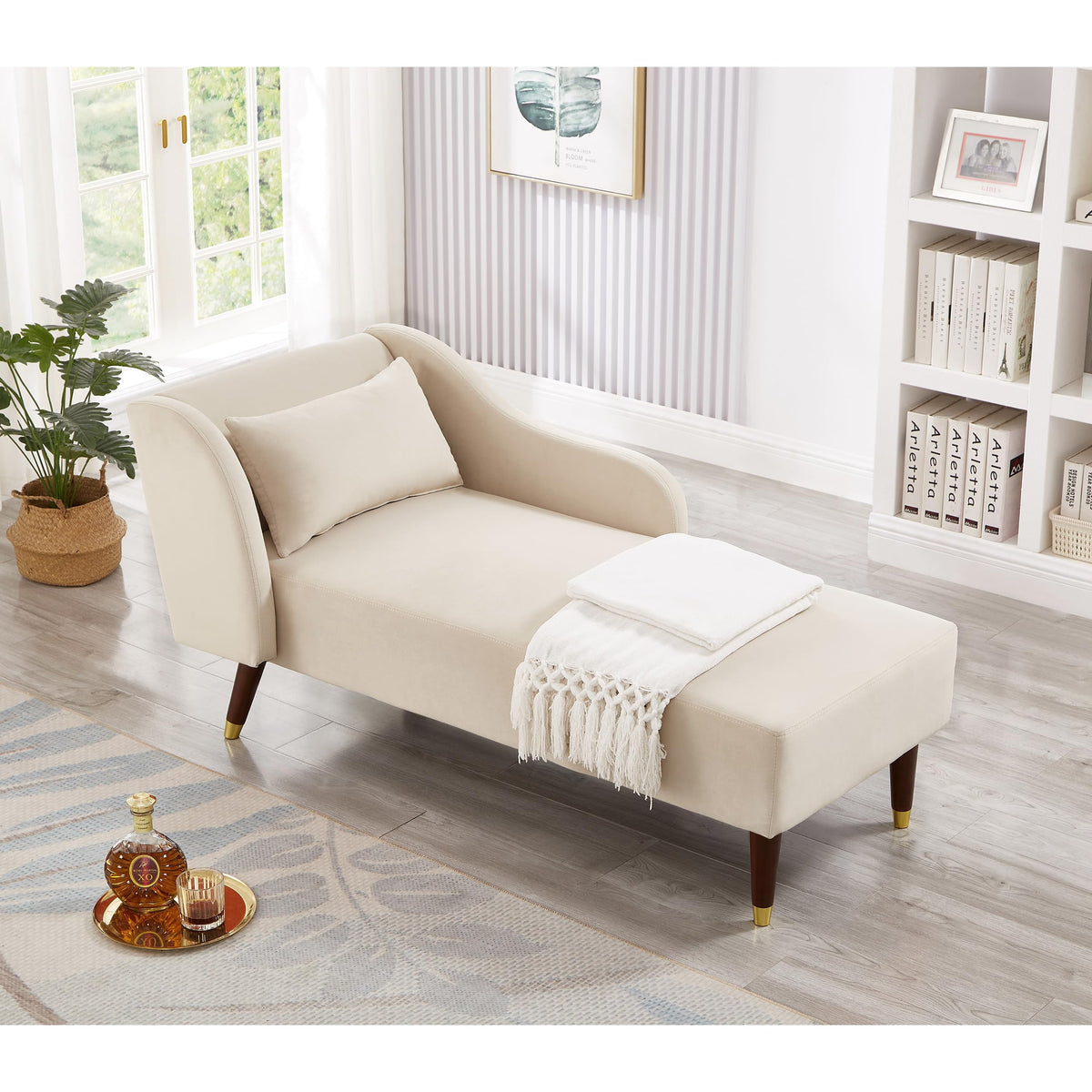 GDFStudio Upholstered Chaise Lounge Chair Indoor, Modern Velvet Recliner Lounge Chair with Removable Pillows, Gold Wood Legs, Backrest & Armrest, Reading Chaise Chair for Living Room Bedroom, Beige