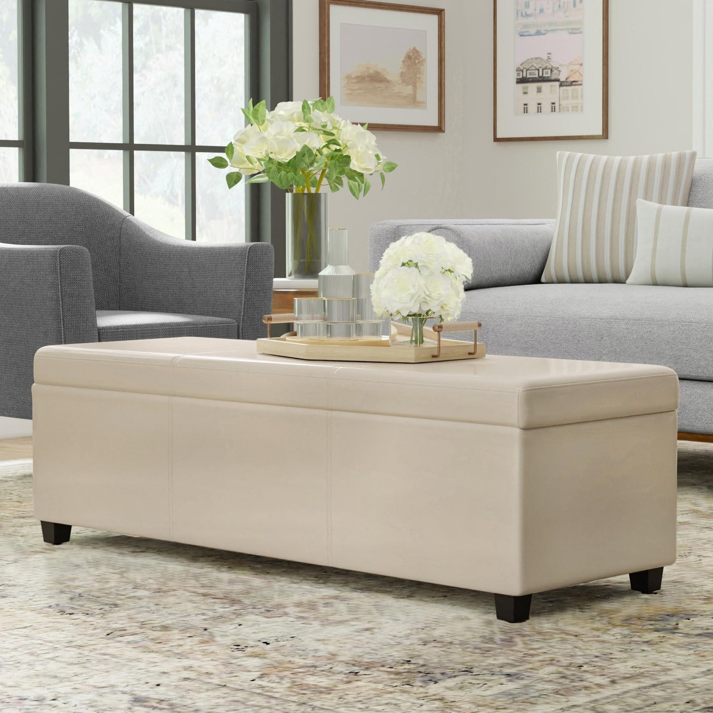 SIMPLIHOME Avalon Extra Large Storage Ottoman Bench - 54 inch Wide Upholstered Vegan Leather Rectangular Lift-Top Ottoman in Satin Cream, Contemporary Bench for Living Room with Hidden Storage