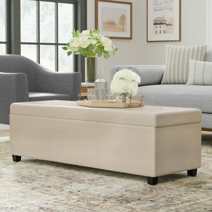 SIMPLIHOME Avalon Extra Large Storage Ottoman Bench - 54 inch Wide Upholstered Vegan Leather Rectangular Lift-Top Ottoman in Satin Cream, Contemporary Bench for Living Room with Hidden Storage