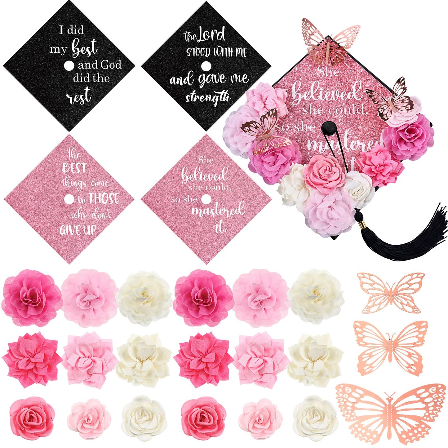 Gersoniel 34 Pcs DIY Graduation Cap Decorations Kit Included Artificial Flowers Inspirational Cardstock 3D Butterfly Alphabet Letter Stickers for 2026 Grad Party DIY Hat Grad Cap Topper(Pink)