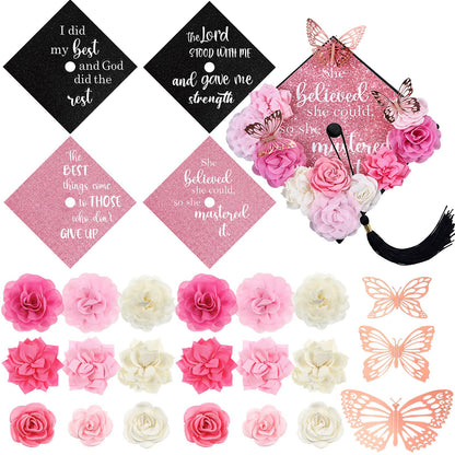 Gersoniel 34 Pcs DIY Graduation Cap Decorations Kit Included Artificial Flowers Inspirational Cardstock 3D Butterfly Alphabet Letter Stickers for 2026 Grad Party DIY Hat Grad Cap Topper(Pink)