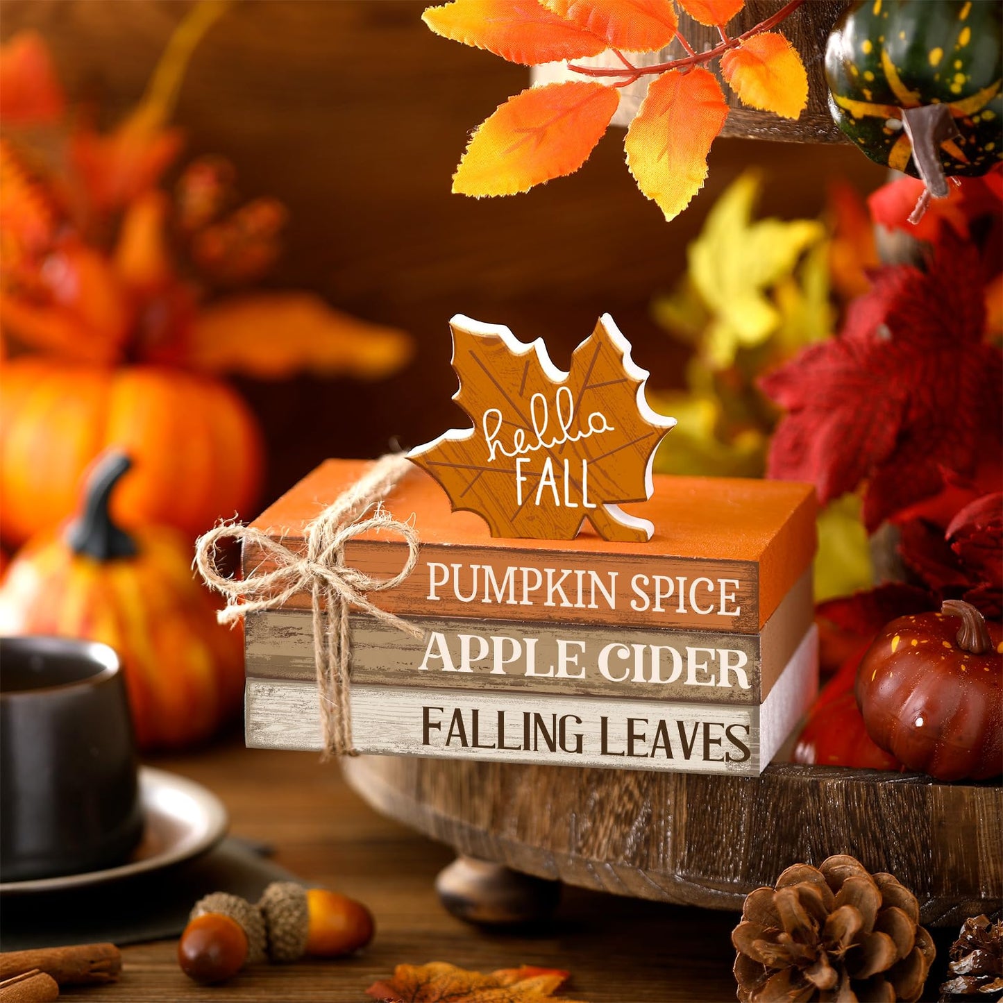 FairySandy 4 Pcs Thanksgiving Decorations for Home Fall Tiered Tray Decor Wood Book Stack with Sign Autumn Stacked Book Decor Bundle for Office Table Shelf Decorative Trays(Maple Leaf)