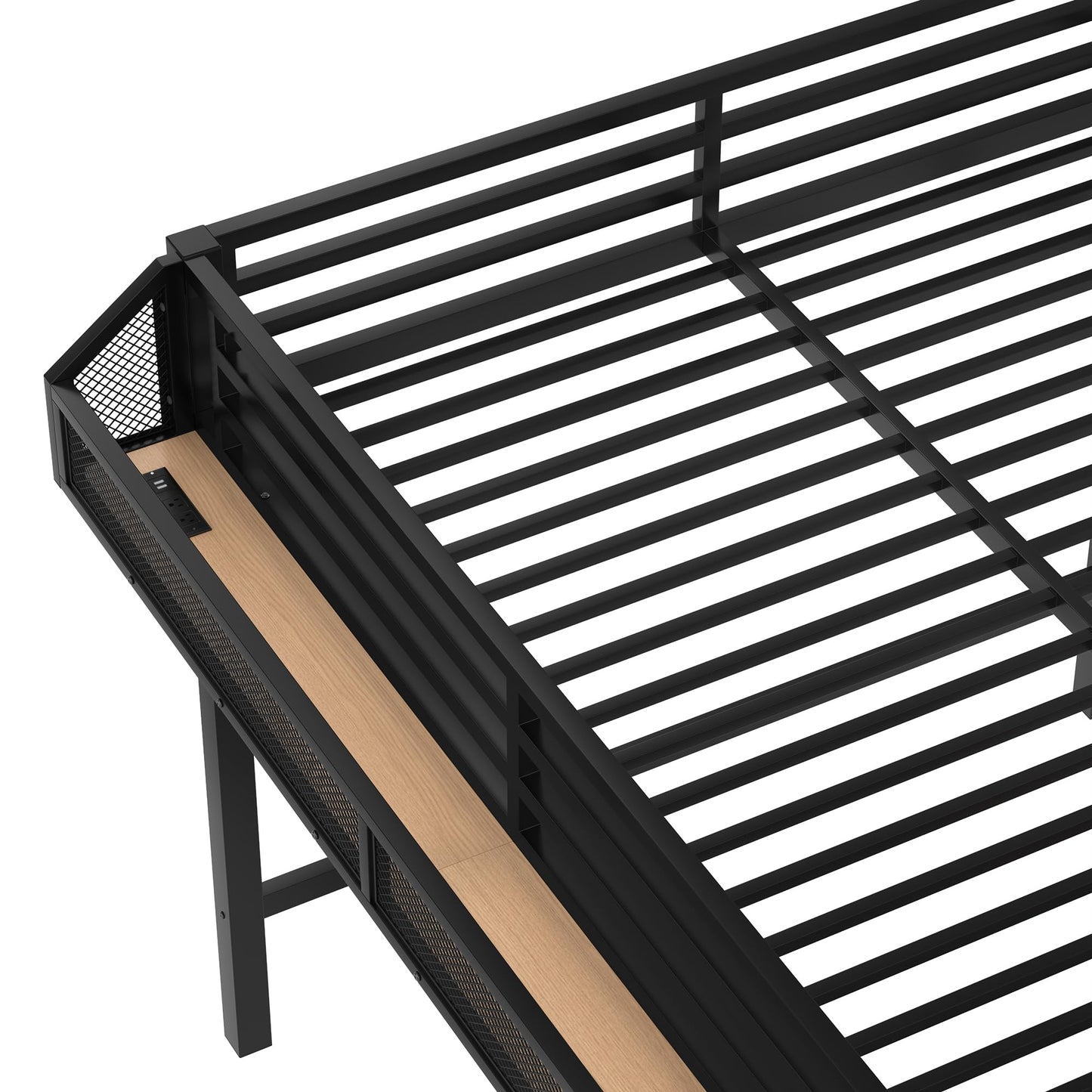 Bellemave Queen Size Loft Bed with Stairs and Wardrobe,Heavy Duty Metal Loft Bed Frame with Shelves,LED Lights and Charging Station for for Kids,Teens,Adults,Natural Wood