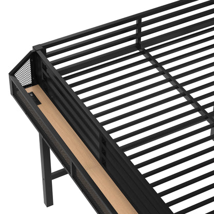 Bellemave Queen Size Loft Bed with Storage Stairs, Beside Shelves and Wardrobe, Queen Metal Loft Bed Frame with USB Ports and LED Lights, Large Under-Bed Space, for Adults,Teens,Boys,Girls, Natural
