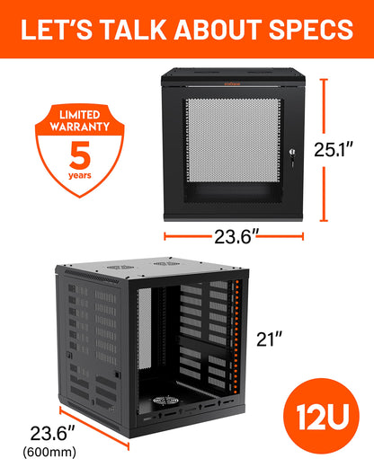 ECHOGEAR 12U Network Rack - Enclosed Wall Mount Rack Kit Includes 2X 1U Shelves, Pre-Mounted Fan, Lockable Door & Hardware - 600mm Depth Fits All Your AV Gear