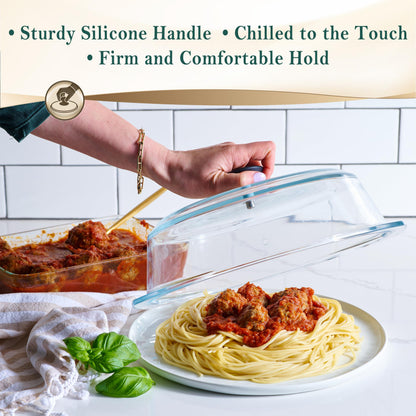 Le’raze Tall Glass Microwave Splatter Cover for Food - Cookware & Bakeware Serving Dish Cover, Plate Guard Lid with Easy Grip Silicone Handle Knob - 100% Food Grade BPA Free & Dishwasher Safe - 10in