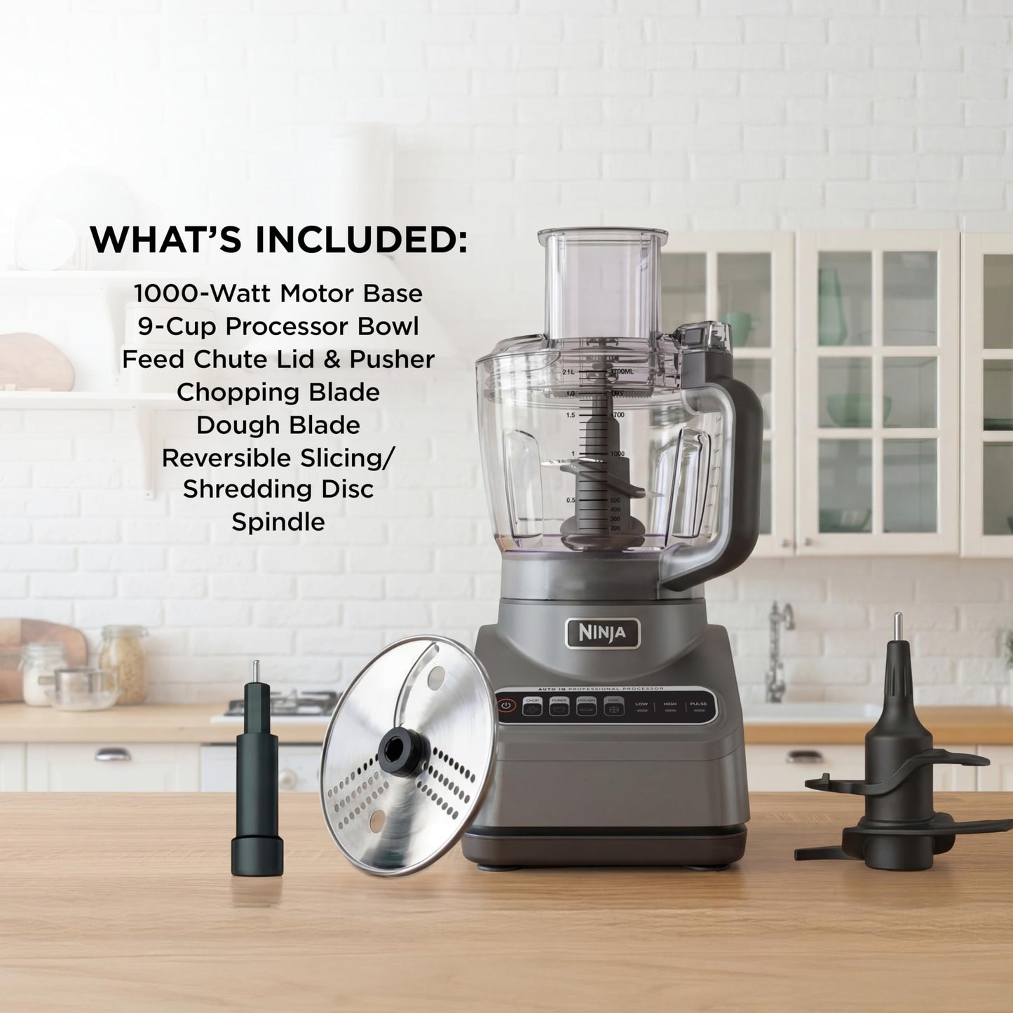 Ninja Food Processor, Professional Plus, 1000 Peak Watts, 4 Functions for Chopping, Slicing, Purees & Dough with 9-Cup Processor Bowl, 3 Blades, Food Chute & Pusher, Silver, BN601