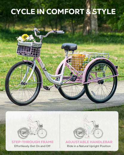 VIRIBUS Adult Tricycles for Women, Single Speed Tricycle for Adults with Front & Rear Detachable Wheeled Baskets, 3 Wheel Bikes for Adults Seniors 1 Speed, 400 lb. Capacity Three Wheeler, 26 in. Pink