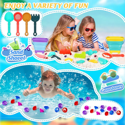 Beach Sand Toys for Kids,Sand toys with 2 Collapsible Beach Bucket,2 Beach Sifter Shovel,Sand Shovel Set,Sand Castle Kit,Sea Animal Molds,Diving Gem Pool Toy,Mesh Bag Travel Toys for Toddler 3-10