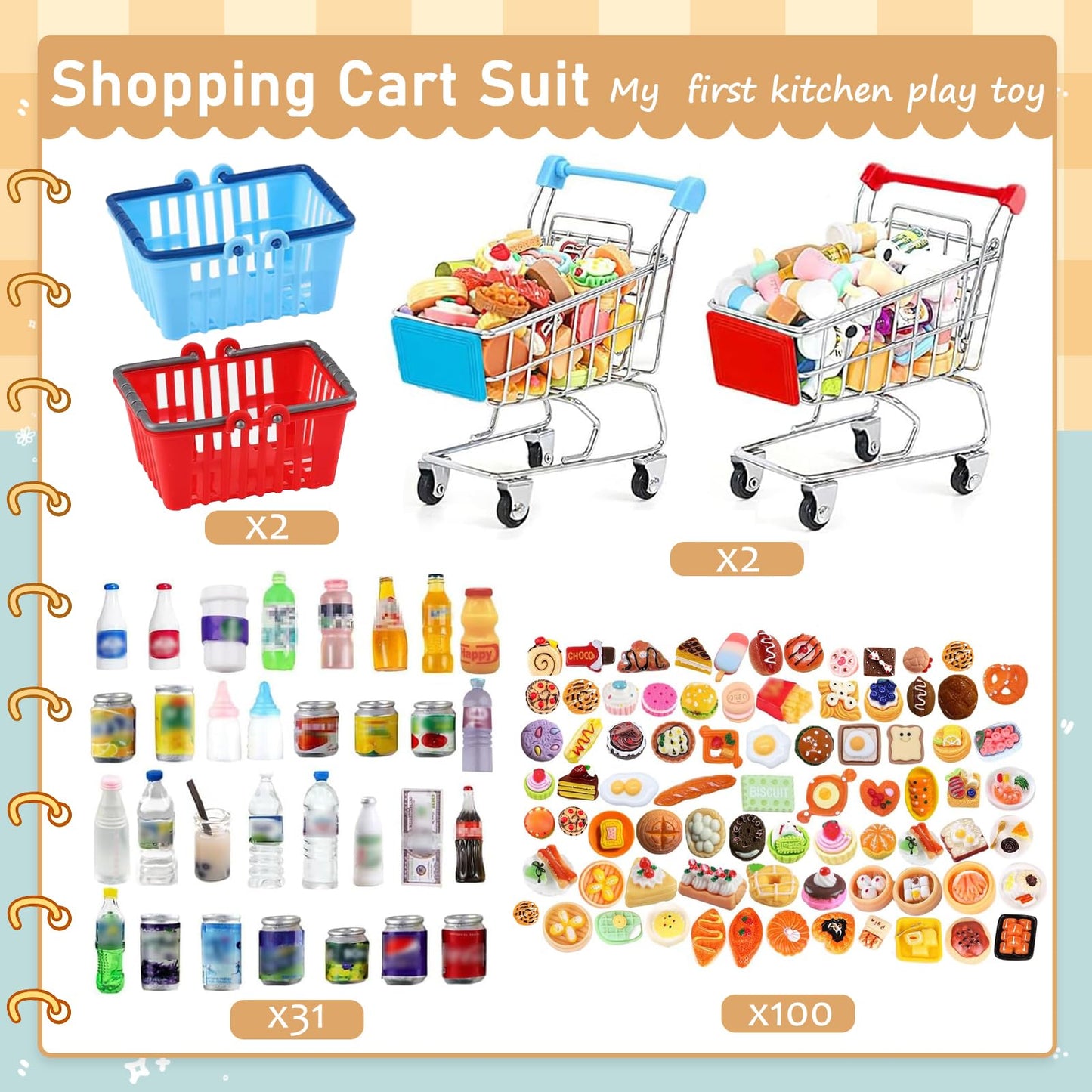 135Pcs Mini Shopping Cart Basket Miniature Food Drink Toy Supermarket Metal Handcart Dollar Bills Toys Dollhouse Store Grocery Accessories Kitchen Cosplay Play Game Party Model