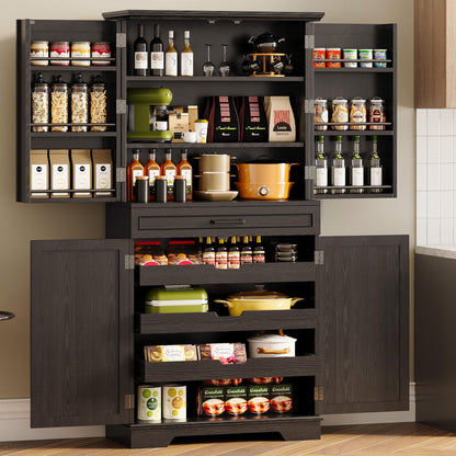 IRONCK Farmhouse Kitchen Pantry Cabinet, 72" Height Tall Freestanding Cupboard with Sliding Storage Rack and 6 Hanging Shelves for Kitchen, Dining Room, Black