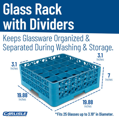 Carlisle FoodService Products OptiClean Plastic 25-Compartment Divided Glass Rack with Extender, Blue, (Pack of 3)