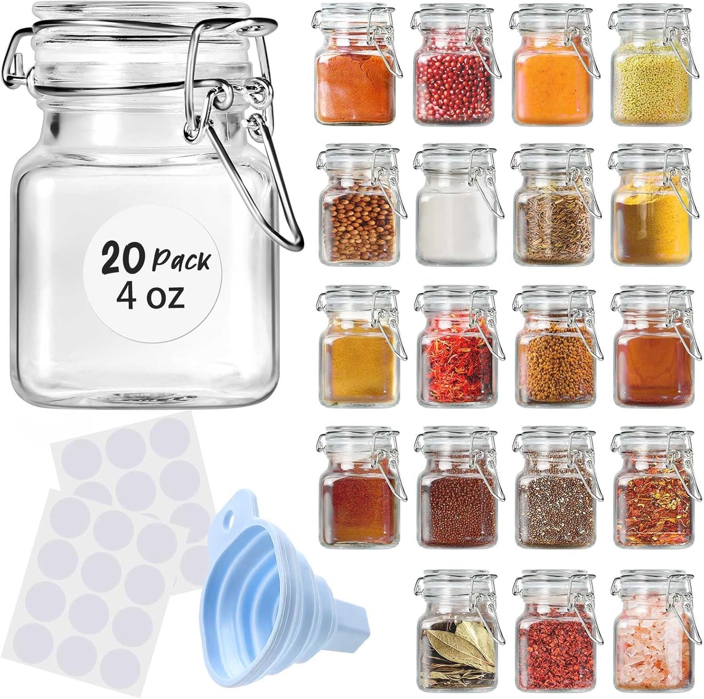 20 Pack 4 oz 4oz SKOCHE Spice Jars Small Glass Jars with Airtight Hinged Lids, Spice Herb Jars with Labels and Silicone