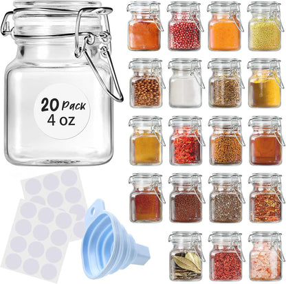 20 Pack 4 oz 4oz SKOCHE Spice Jars Small Glass Jars with Airtight Hinged Lids, Spice Herb Jars with Labels and Silicone