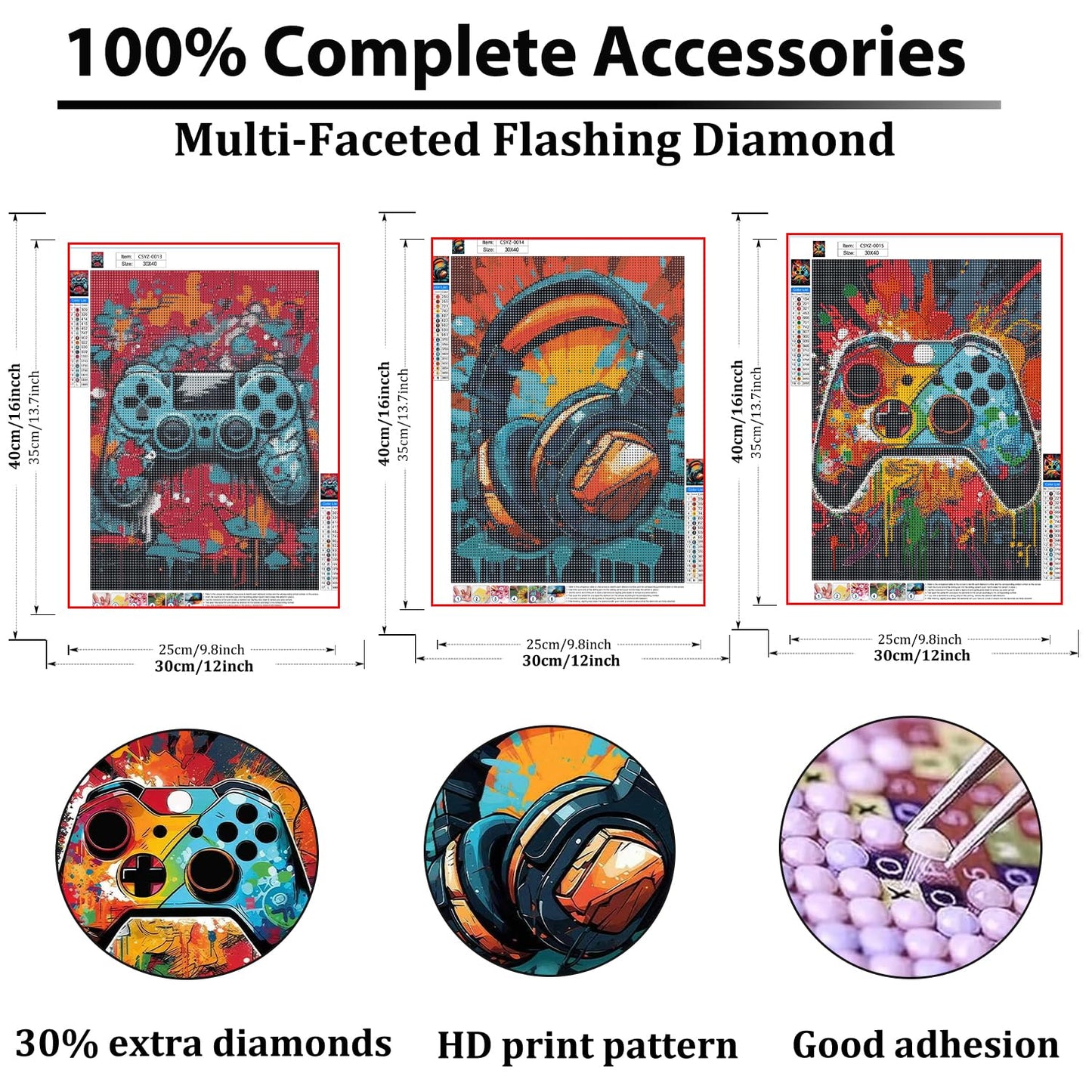 Pxzcrypha 3 Pack Video Game Diamond Art Kits for Adults, DIY Gaming Equipment Diamond Painting Kits for Beginner, Full Round Drill Paint by Diamonds, Gem Art and Crafts for Home Wall Decor 12x16inch