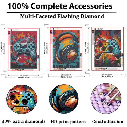 Pxzcrypha 3 Pack Video Game Diamond Art Kits for Adults, DIY Gaming Equipment Diamond Painting Kits for Beginner, Full Round Drill Paint by Diamonds, Gem Art and Crafts for Home Wall Decor 12x16inch