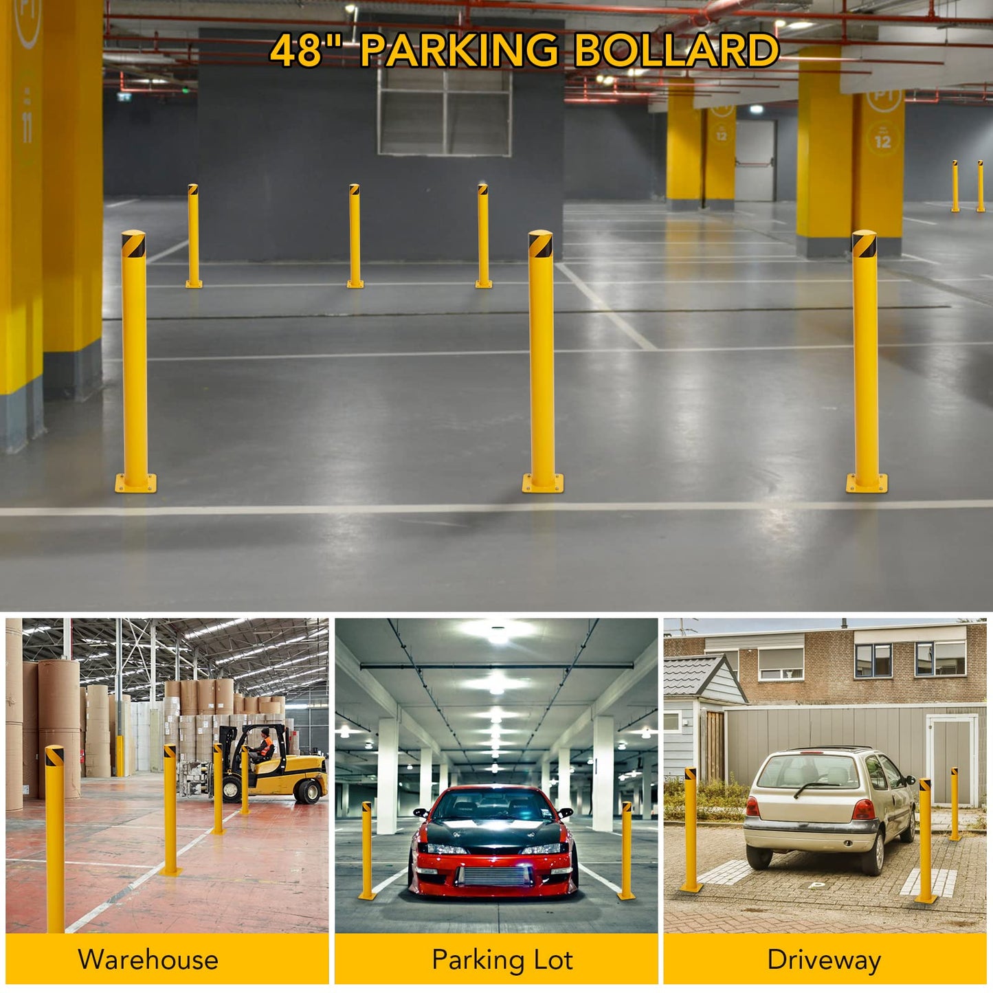 Safety Bollard Post 6 Packs, PeakPursuit 48 Inch Height Steel Bollards, 4.5 Inch Diameter Parking Bollard, Yellow Powder Coated Safety Parking Barrier Post, for Traffic Sensitive Areas