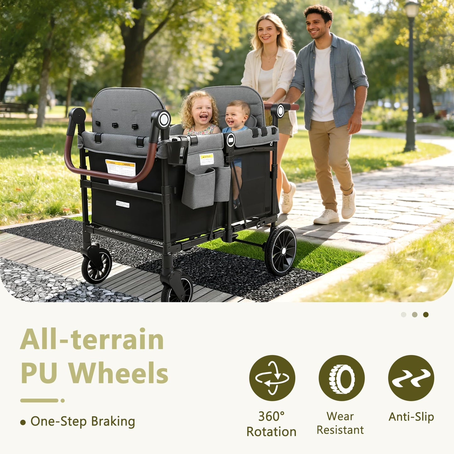 Kinder King Wagon Stroller for 4 Kids, All-Terrain Foldable Outdoor Stroller Wagon 4 Seater, Removable Canopy, Adjustable Handle, Detachable Tray, Black&Grey
