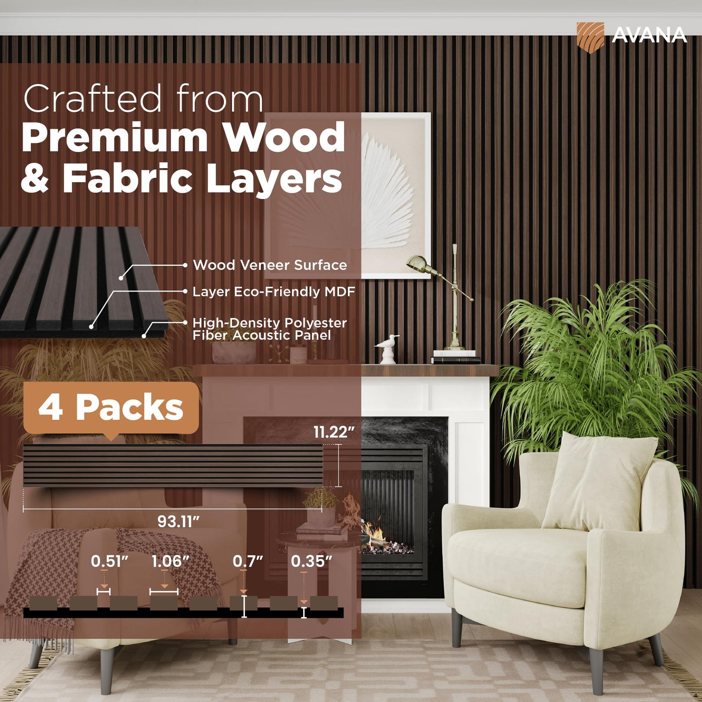 Avana Acoustic Wood Wall Panels – 93.2x11.25 Inch Panels – Fits 94x12 Layout – Dark Walnut Acoustic Panels 4 PCs – Wall Panels For Interior Wall Decor for Homes, Offices – Durable Wood Panels For Wall