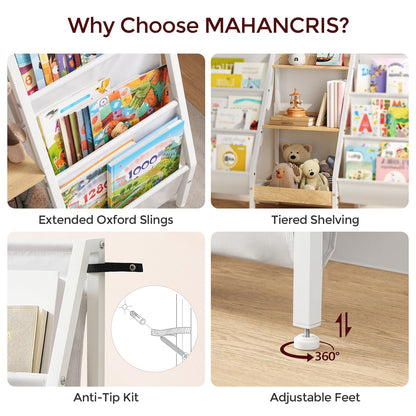 MAHANCRIS Kids Bookshelf and Toy Organizer, 3-Tier Bookshelf for Kids, Sturdy Kid Bookcase with Storage, Toddler Book Shelf for Kids Room, Playroom, Bedroom, Nursery, Natural BKBN34201