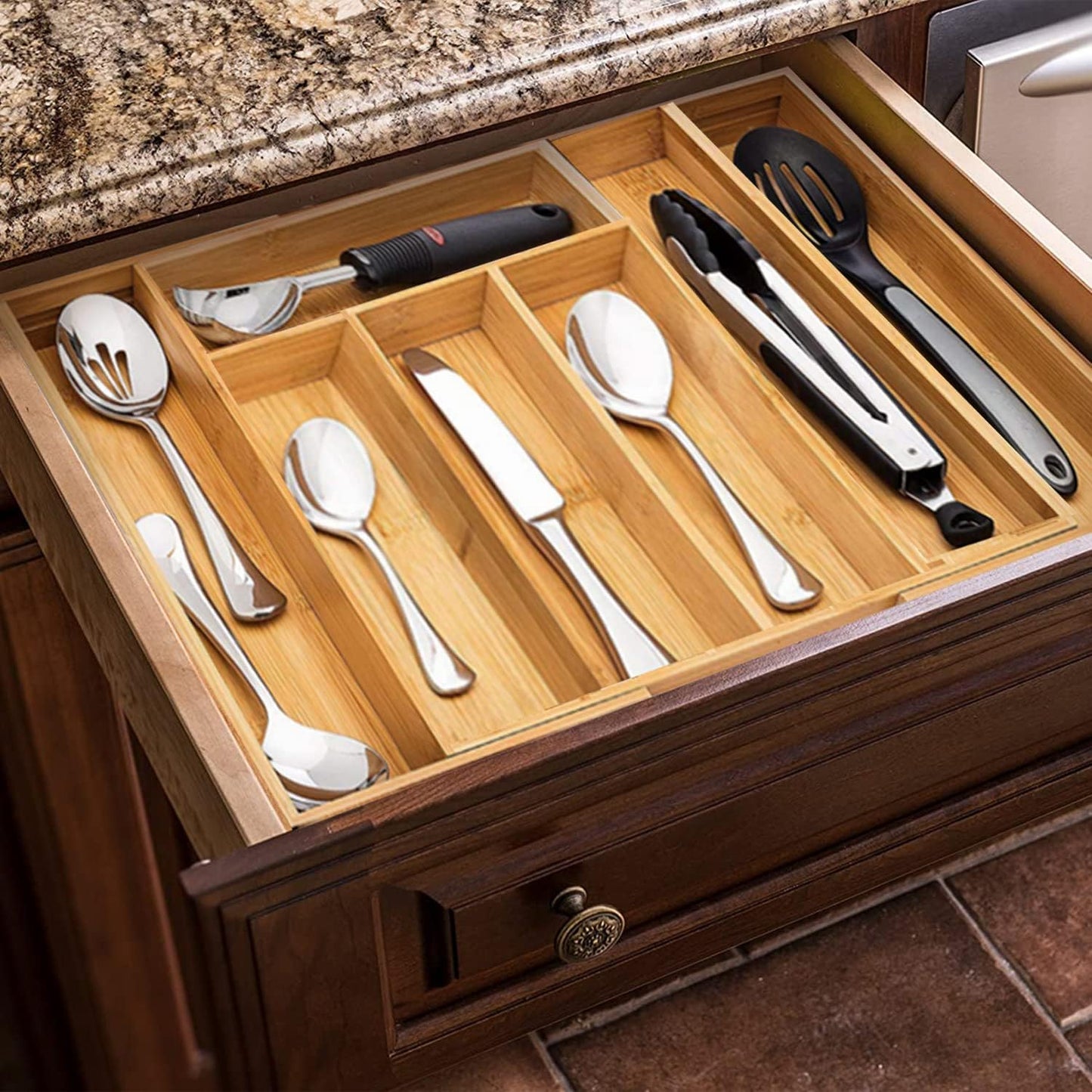 Bamboo Drawer Organizer, Expandable Cutlery Tray, Adjustable Utensils Holder for Storing Silverware in Kitchen, Bedroom