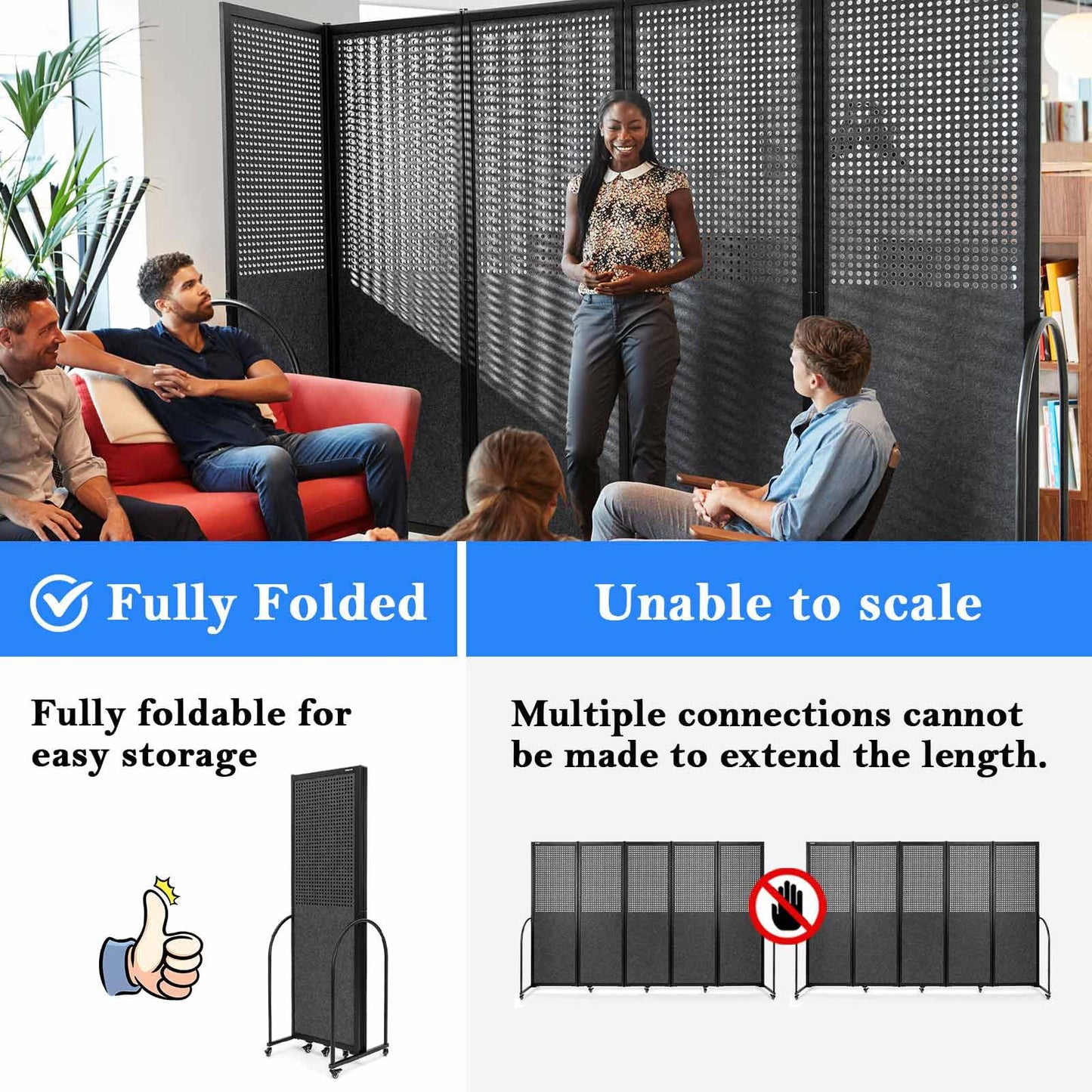 Folding Room Partition,Freestanding Privacy Divider,Portable Office Divider Wall,Commercial Space Partition Screen,Perforated Felt Panel Design,10'6"W x 6'7"H,5 Panel,Dark Grey