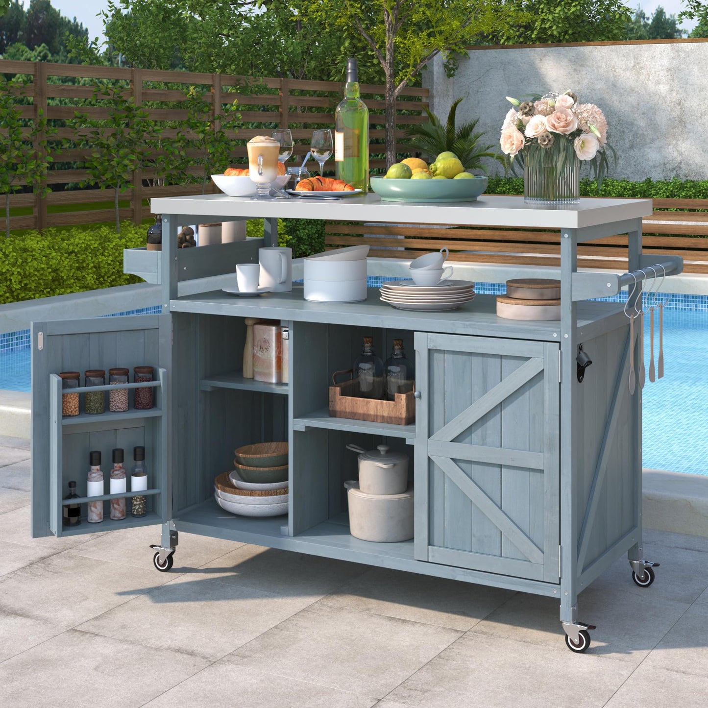 Trygoal Outdoor Grill Cart with Storage, Rolling Bar Cart and Lockable Wheels, Farmhouse Solid Wood Outdoor Grill Table with Stainless Steel Top, Spice Rack, Towel Rack for Kitchen and BBQ, Grey Blue